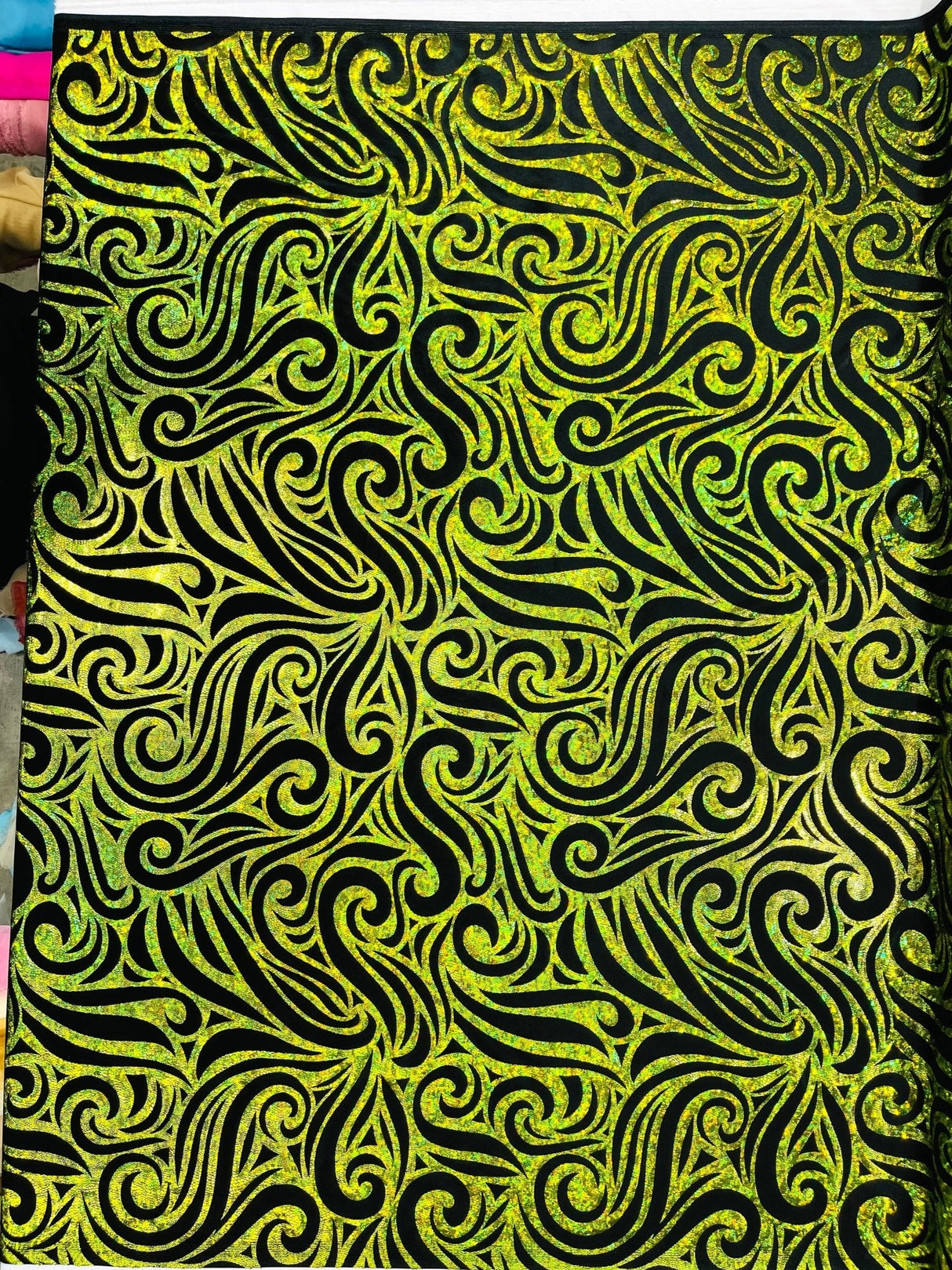 Holographic Foil Tribal Flame Design Stretch Velvet Fabric - Silver/White Tribal Flame Print, 58" Width (1 Yard)