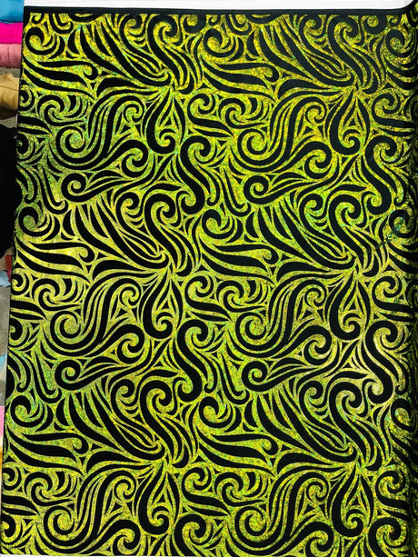 Holographic Foil Tribal Flame Design Stretch Velvet Fabric - Silver/White Tribal Flame Print, 58" Width (1 Yard)