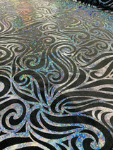Holographic Foil Tribal Flame Design Stretch Velvet Fabric - Silver/White Tribal Flame Print, 58" Width (1 Yard)