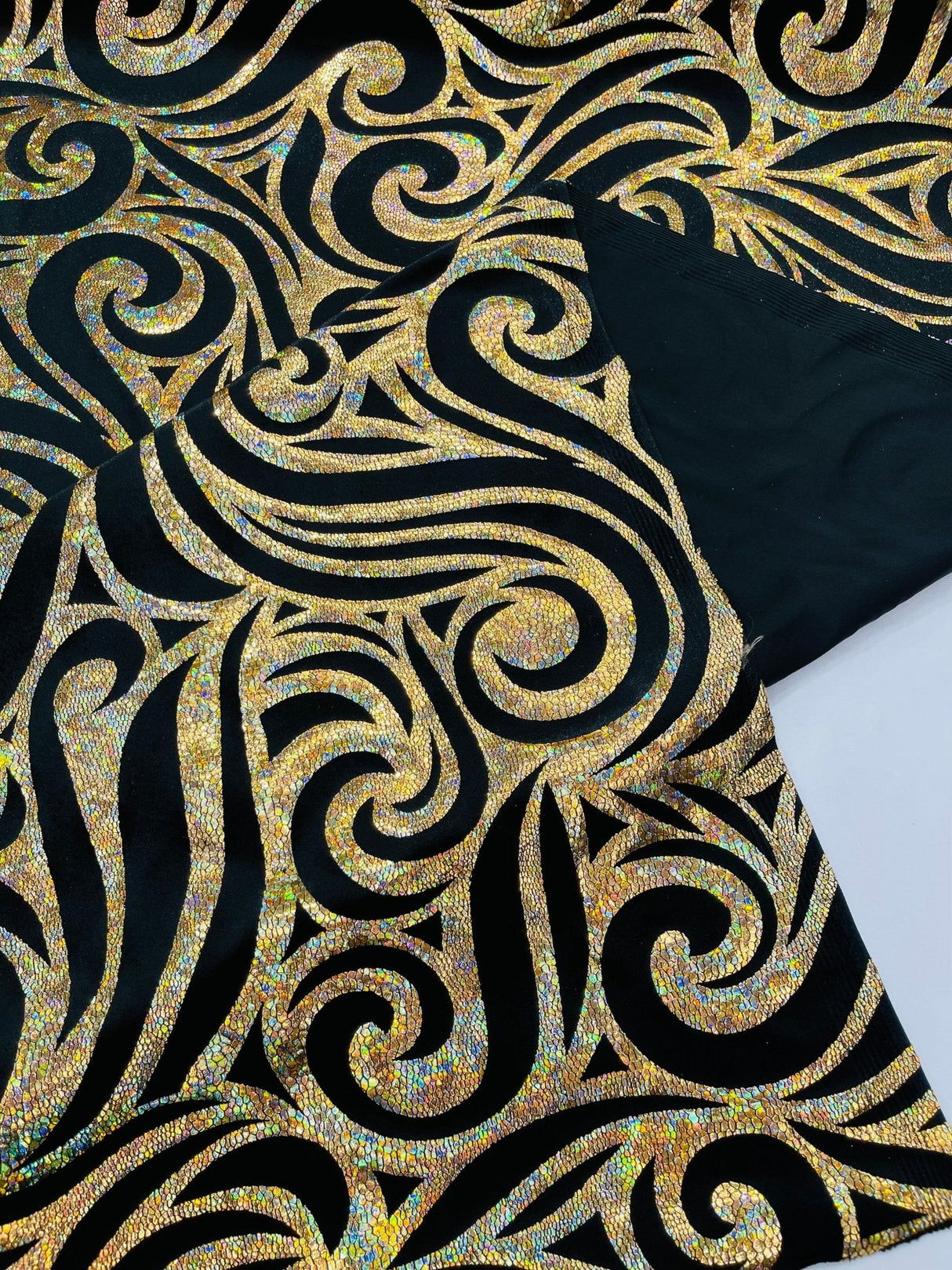 Holographic Foil Tribal Flame Design Stretch Velvet Fabric - Silver/White Tribal Flame Print, 58" Width (1 Yard)