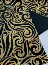 Holographic Foil Tribal Flame Design Stretch Velvet Fabric - Silver/White Tribal Flame Print, 58" Width (1 Yard)