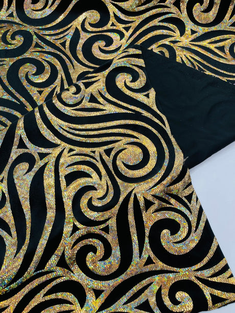 Holographic Foil Tribal Flame Design Stretch Velvet Fabric - Silver/White Tribal Flame Print, 58" Width (1 Yard)