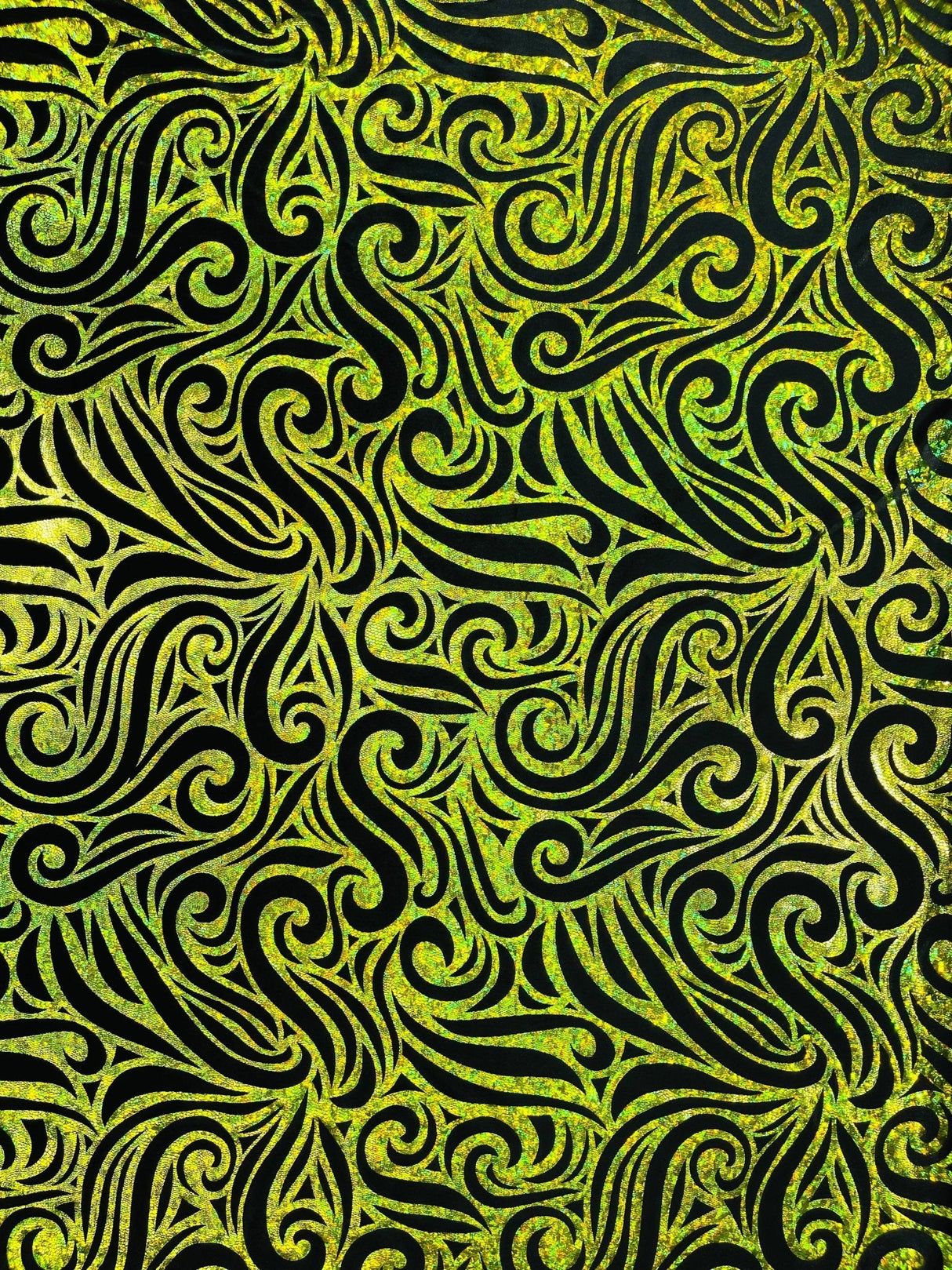 Holographic Foil Tribal Flame Design Stretch Velvet Fabric - Silver/White Tribal Flame Print, 58" Width (1 Yard)