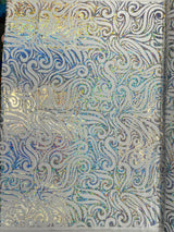 Holographic Foil Tribal Flame Design Stretch Velvet Fabric - Silver/White Tribal Flame Print, 58" Width (1 Yard)