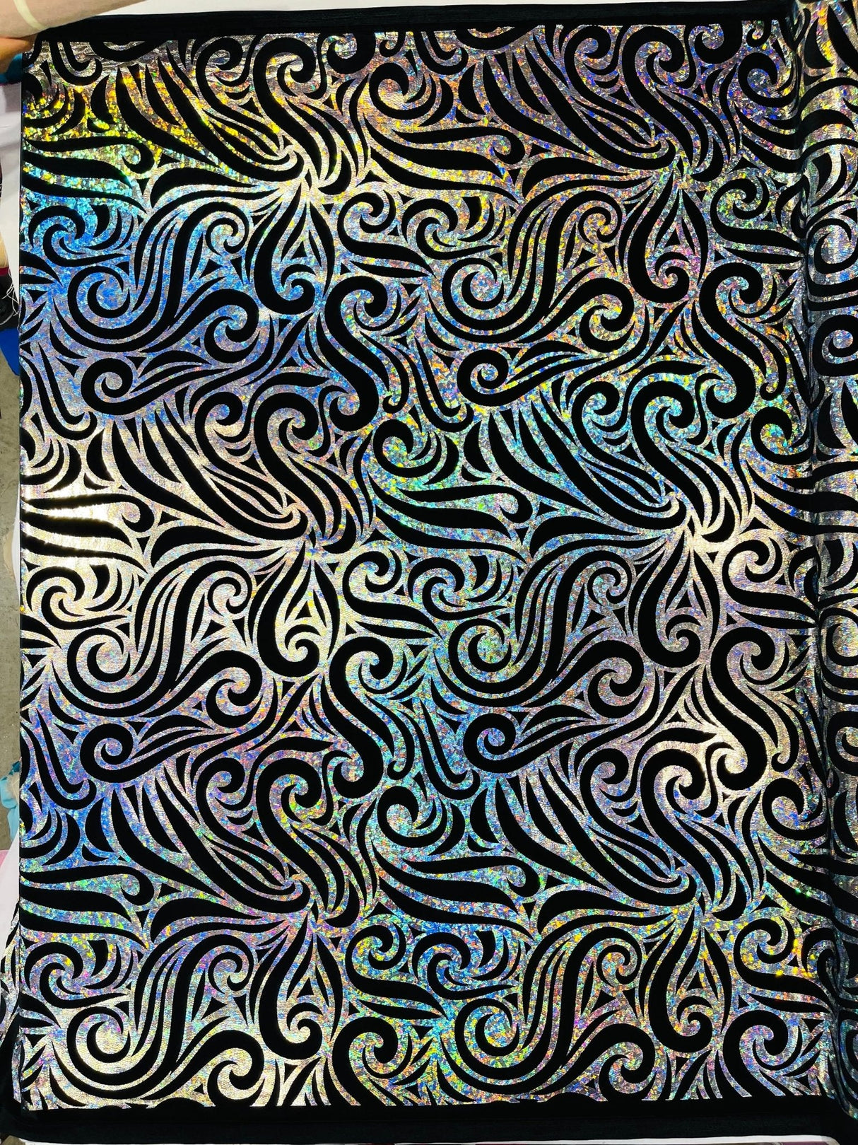 Holographic Foil Tribal Flame Design Stretch Velvet Fabric - Silver/White Tribal Flame Print, 58" Width (1 Yard)
