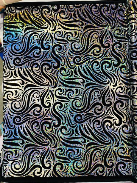 Holographic Foil Tribal Flame Design Stretch Velvet Fabric - Silver/White Tribal Flame Print, 58" Width (1 Yard)
