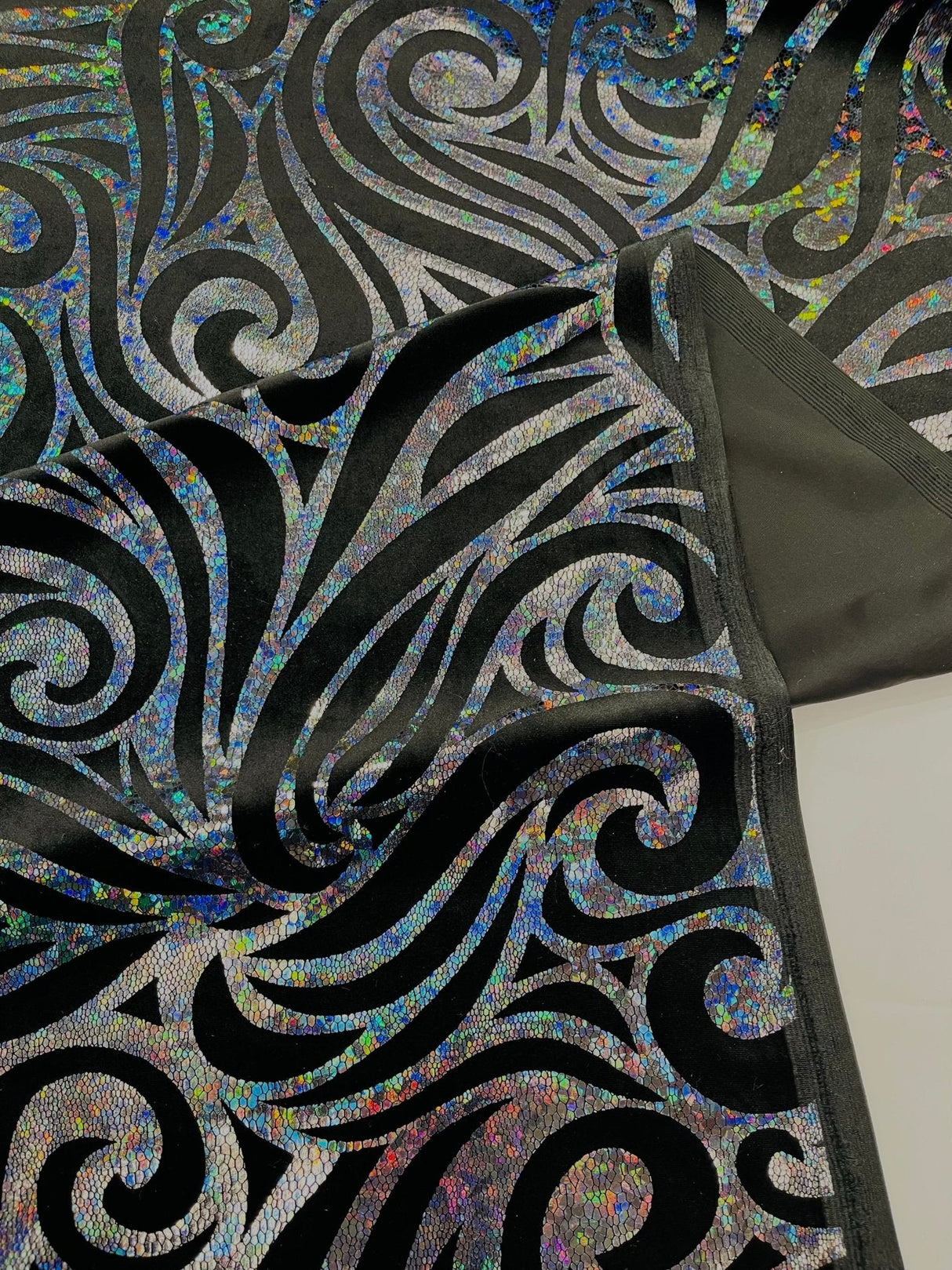 Holographic Foil Tribal Flame Design Stretch Velvet Fabric - Silver/White Tribal Flame Print, 58" Width (1 Yard)