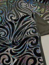 Holographic Foil Tribal Flame Design Stretch Velvet Fabric - Silver/White Tribal Flame Print, 58" Width (1 Yard)