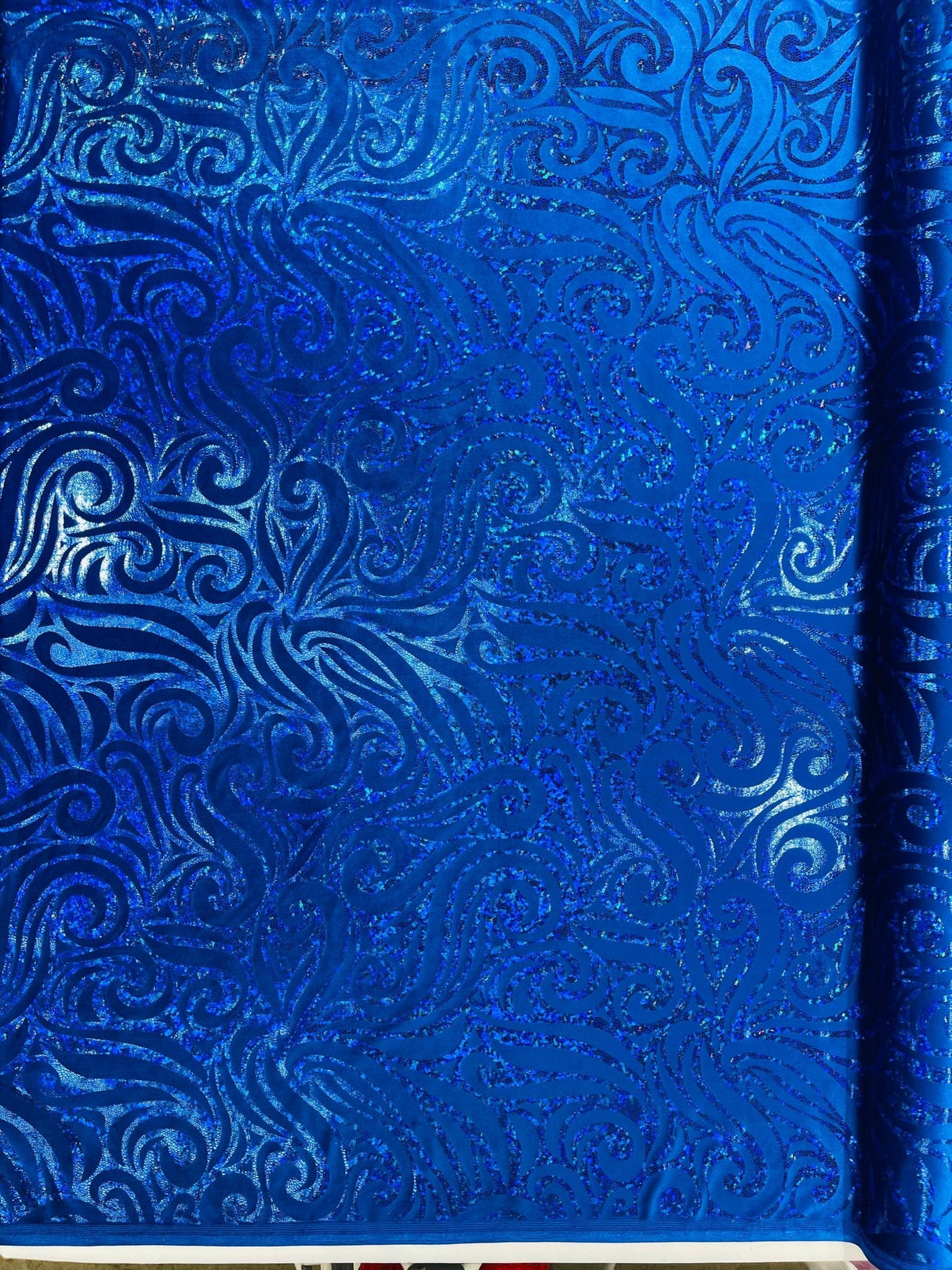 Holographic Foil Tribal Flame Design Stretch Velvet Fabric - Silver/White Tribal Flame Print, 58" Width (1 Yard)
