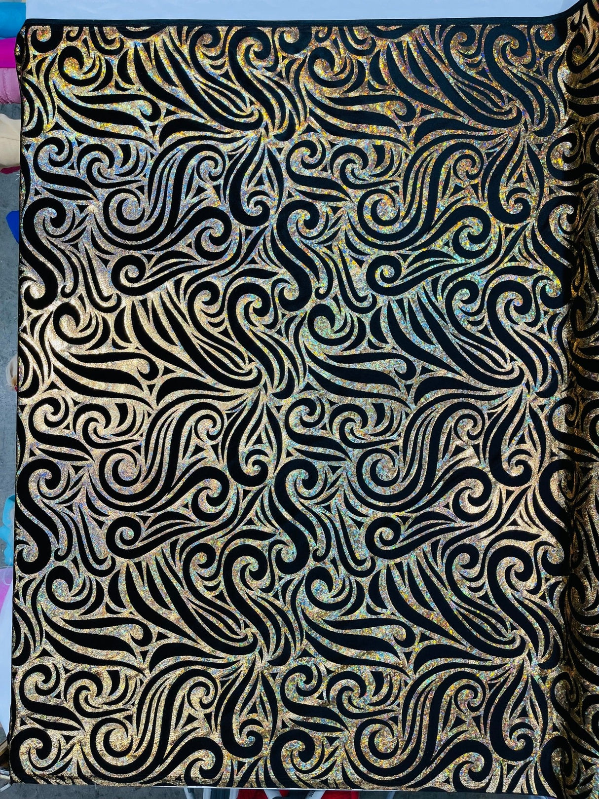 Holographic Foil Tribal Flame Design Stretch Velvet Fabric - Silver/White Tribal Flame Print, 58" Width (1 Yard)