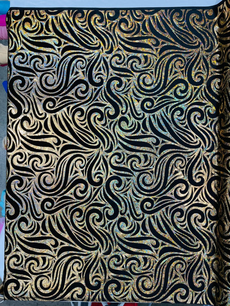 Holographic Foil Tribal Flame Design Stretch Velvet Fabric - Silver/White Tribal Flame Print, 58" Width (1 Yard)