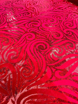 Holographic Foil Tribal Flame Design Stretch Velvet Fabric - Silver/White Tribal Flame Print, 58" Width (1 Yard)