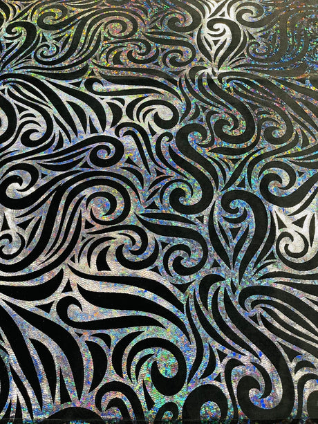 Holographic Foil Tribal Flame Design Stretch Velvet Fabric - Silver/White Tribal Flame Print, 58" Width (1 Yard)