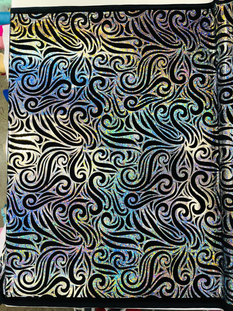 Holographic Foil Tribal Flame Design Stretch Velvet Fabric - Silver/White Tribal Flame Print, 58" Width (1 Yard)