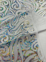 Holographic Foil Tribal Flame Design Stretch Velvet Fabric - Silver/White Tribal Flame Print, 58" Width (1 Yard)