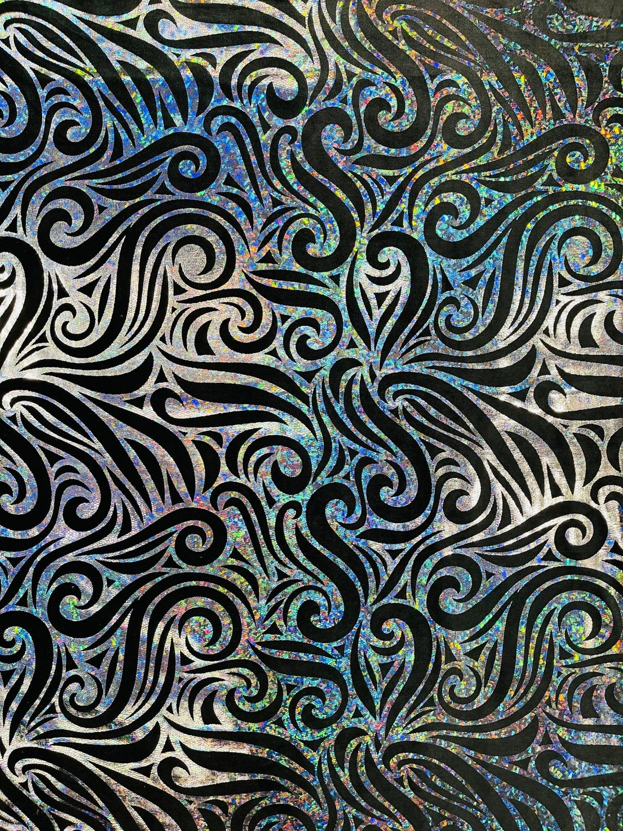Holographic Foil Tribal Flame Design Stretch Velvet Fabric - Silver/White Tribal Flame Print, 58" Width (1 Yard)