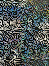 Holographic Foil Tribal Flame Design Stretch Velvet Fabric - Silver/White Tribal Flame Print, 58" Width (1 Yard)