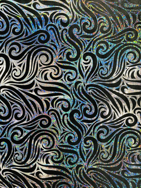 Holographic Foil Tribal Flame Design Stretch Velvet Fabric - Silver/White Tribal Flame Print, 58" Width (1 Yard)