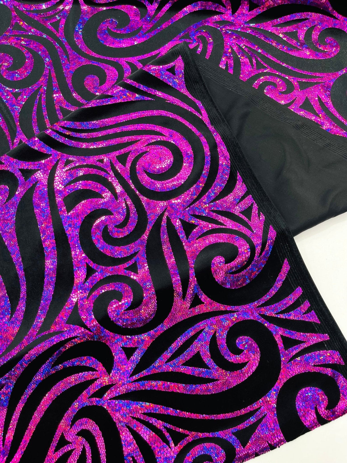 Holographic Foil Tribal Flame Design Stretch Velvet Fabric - Silver/White Tribal Flame Print, 58" Width (1 Yard)