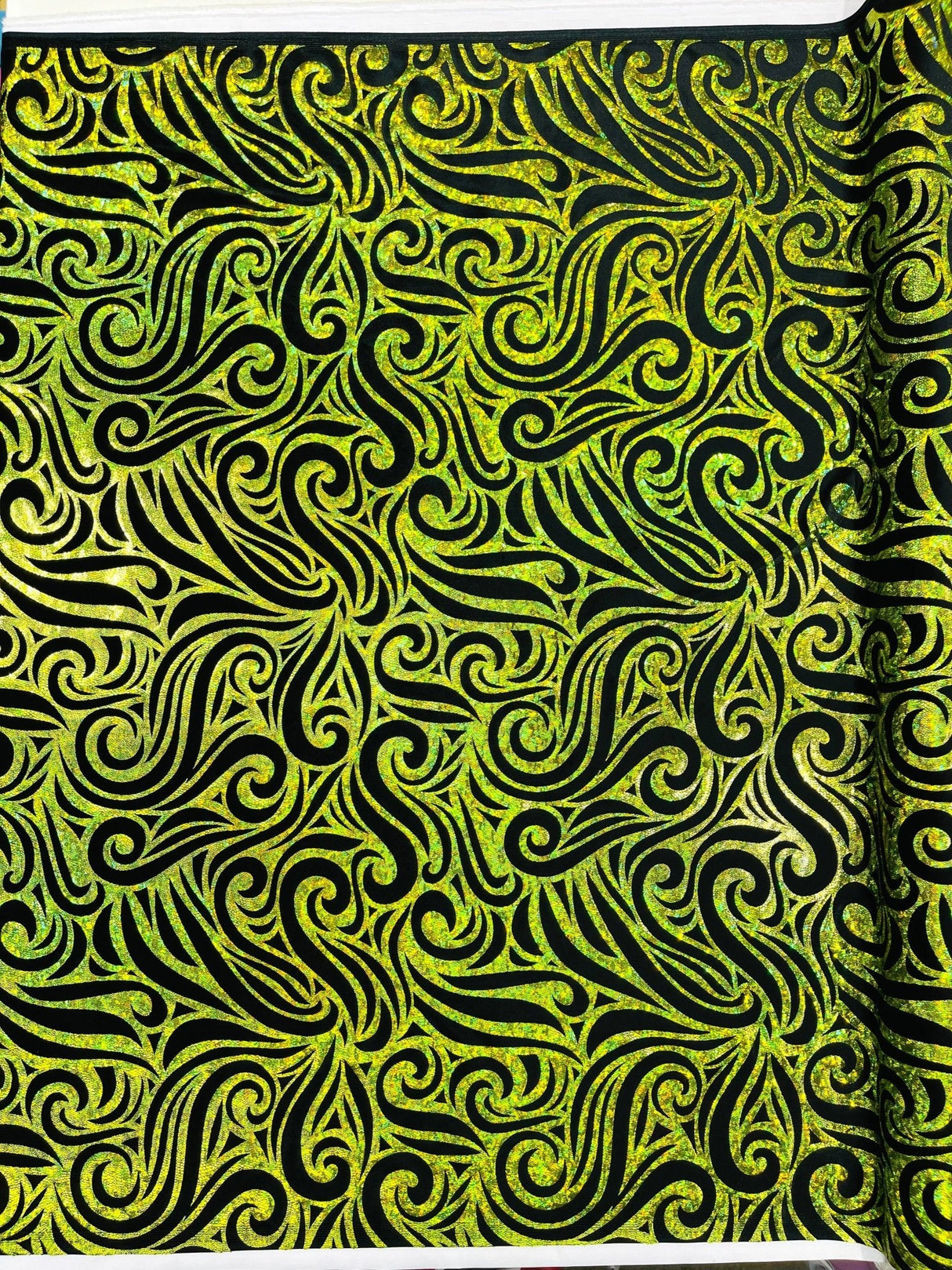 Holographic Foil Tribal Flame Design Stretch Velvet Fabric - Silver/White Tribal Flame Print, 58" Width (1 Yard)