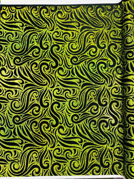 Holographic Foil Tribal Flame Design Stretch Velvet Fabric - Silver/White Tribal Flame Print, 58" Width (1 Yard)