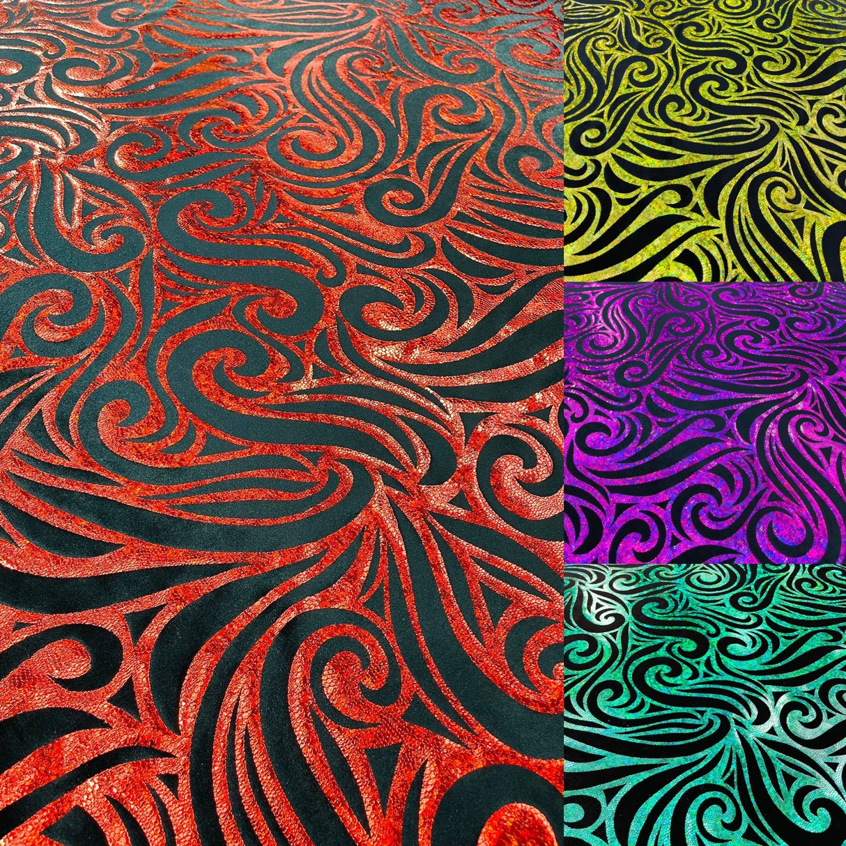 Holographic Foil Tribal Flame Design Stretch Velvet Fabric - Silver/White Tribal Flame Print, 58" Width (1 Yard)