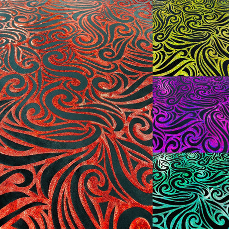 Holographic Foil Tribal Flame Design Stretch Velvet Fabric - Silver/White Tribal Flame Print, 58" Width (1 Yard)
