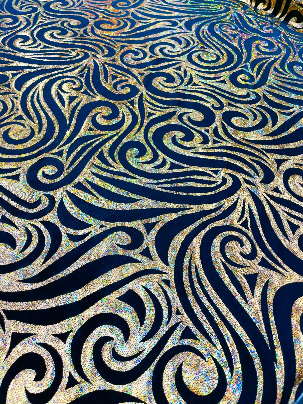 Holographic Foil Tribal Flame Design Stretch Velvet Fabric - Silver/White Tribal Flame Print, 58" Width (1 Yard)