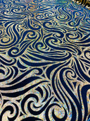 Holographic Foil Tribal Flame Design Stretch Velvet Fabric - Silver/White Tribal Flame Print, 58" Width (1 Yard)