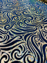 Holographic Foil Tribal Flame Design Stretch Velvet Fabric - Silver/White Tribal Flame Print, 58" Width (1 Yard)