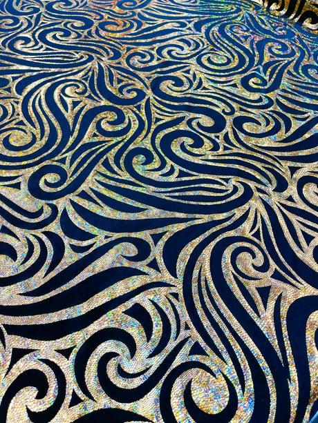 Holographic Foil Tribal Flame Design Stretch Velvet Fabric - Silver/White Tribal Flame Print, 58" Width (1 Yard)