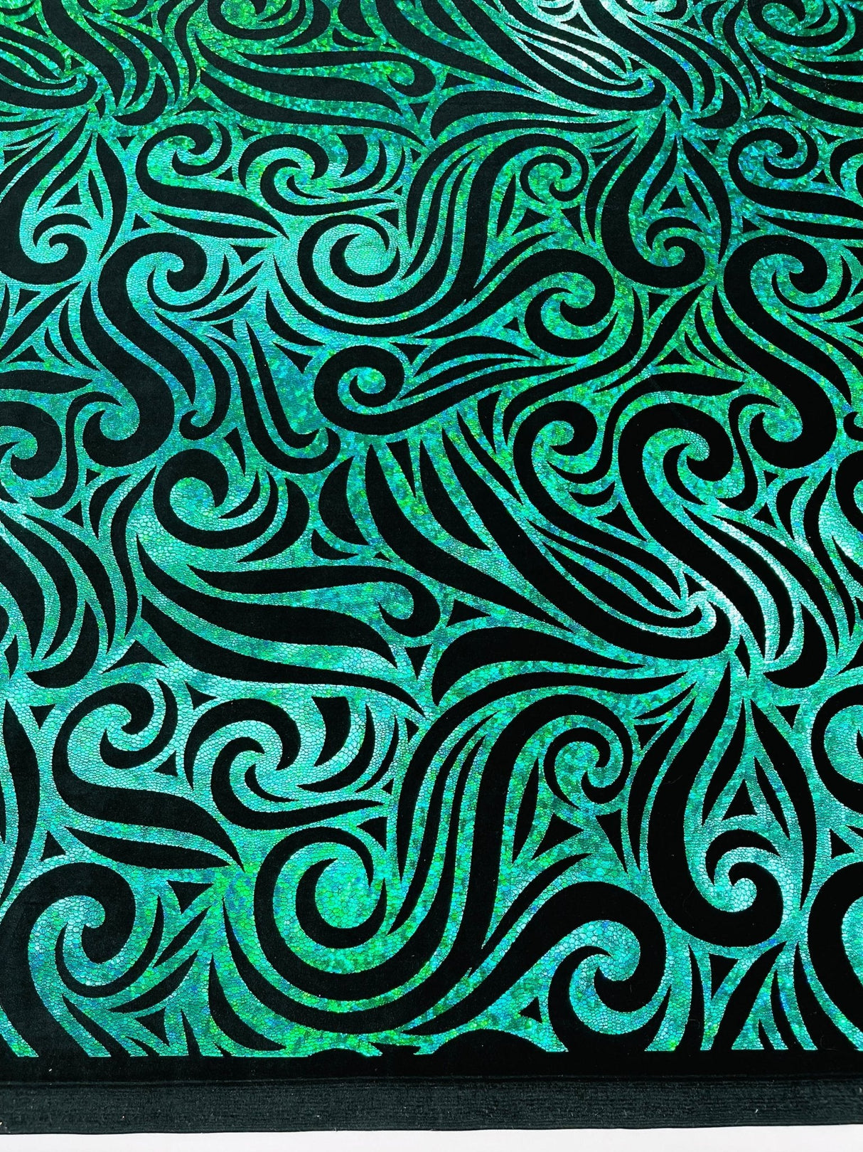 Holographic Foil Tribal Flame Design Stretch Velvet Fabric - Silver/White Tribal Flame Print, 58" Width (1 Yard)