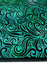 Holographic Foil Tribal Flame Design Stretch Velvet Fabric - Silver/White Tribal Flame Print, 58" Width (1 Yard)