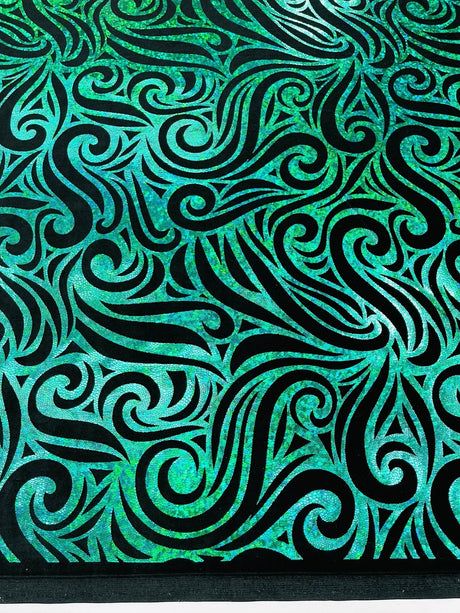 Holographic Foil Tribal Flame Design Stretch Velvet Fabric - Silver/White Tribal Flame Print, 58" Width (1 Yard)