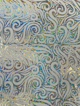 Holographic Foil Tribal Flame Design Stretch Velvet Fabric - Silver/White Tribal Flame Print, 58" Width (1 Yard)