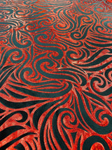 Holographic Foil Tribal Flame Design Stretch Velvet Fabric - Silver/White Tribal Flame Print, 58" Width (1 Yard)
