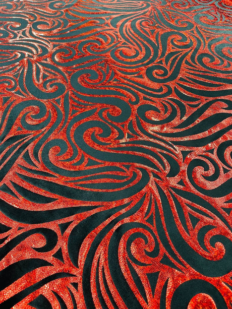 Holographic Foil Tribal Flame Design Stretch Velvet Fabric - Silver/White Tribal Flame Print, 58" Width (1 Yard)