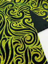 Holographic Foil Tribal Flame Design Stretch Velvet Fabric - Silver/White Tribal Flame Print, 58" Width (1 Yard)