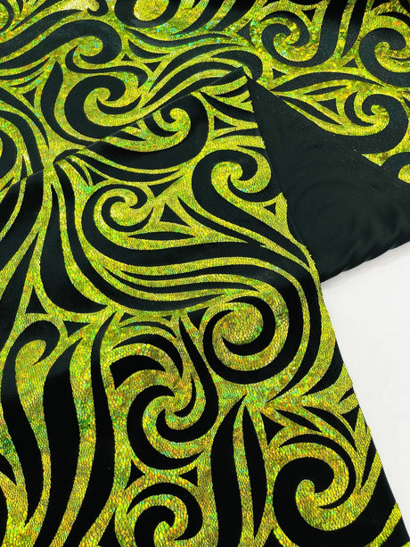 Holographic Foil Tribal Flame Design Stretch Velvet Fabric - Silver/White Tribal Flame Print, 58" Width (1 Yard)