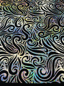 Holographic Foil Tribal Flame Design Stretch Velvet Fabric - Silver/White Tribal Flame Print, 58" Width (1 Yard)