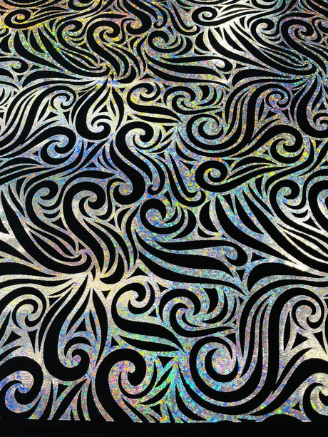 Holographic Foil Tribal Flame Design Stretch Velvet Fabric - Silver/White Tribal Flame Print, 58" Width (1 Yard)