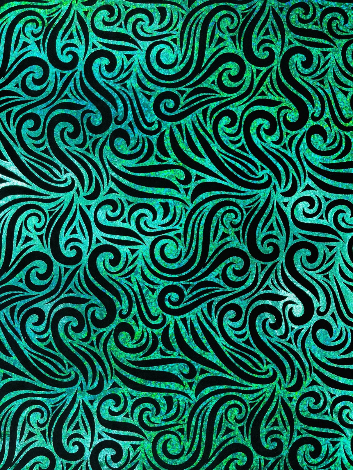 Holographic Foil Tribal Flame Design Stretch Velvet Fabric - Silver/White Tribal Flame Print, 58" Width (1 Yard)
