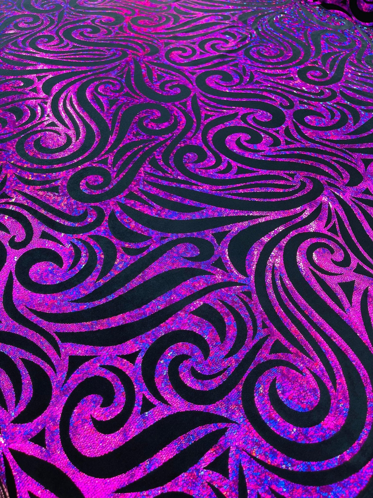 Holographic Foil Tribal Flame Design Stretch Velvet Fabric - Silver/White Tribal Flame Print, 58" Width (1 Yard)