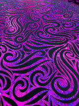Holographic Foil Tribal Flame Design Stretch Velvet Fabric - Silver/White Tribal Flame Print, 58" Width (1 Yard)