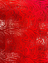Holographic Foil Tribal Flame Design Stretch Velvet Fabric - Silver/White Tribal Flame Print, 58" Width (1 Yard)