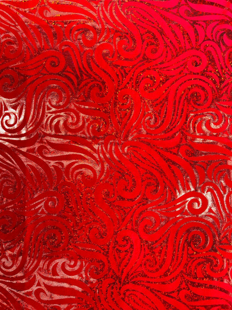 Holographic Foil Tribal Flame Design Stretch Velvet Fabric - Silver/White Tribal Flame Print, 58" Width (1 Yard)