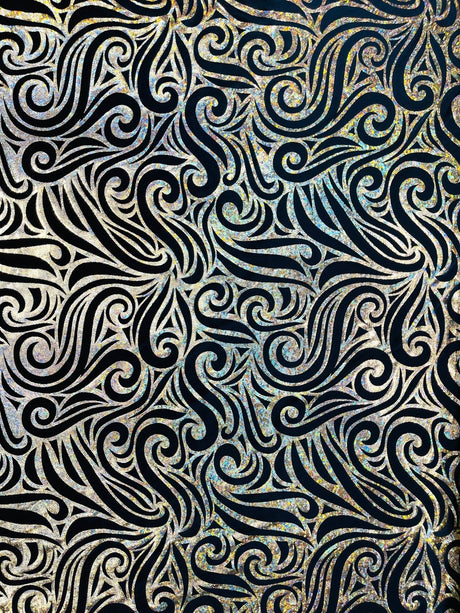 Holographic Foil Tribal Flame Design Stretch Velvet Fabric - Silver/White Tribal Flame Print, 58" Width (1 Yard)