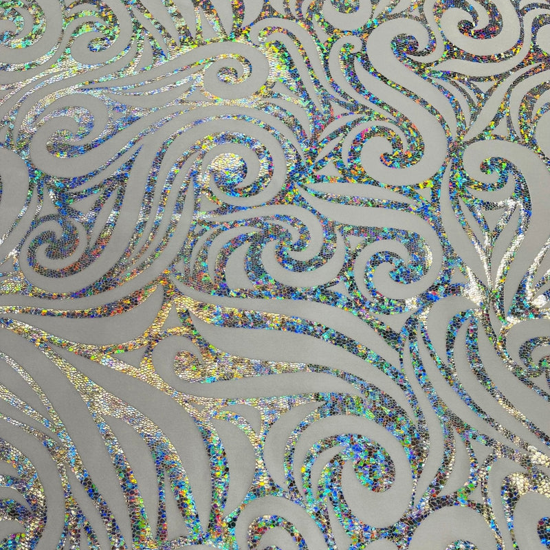 Holographic Foil Tribal Flame Design Stretch Velvet Fabric - Silver/White Tribal Flame Print, 58" Width (1 Yard)