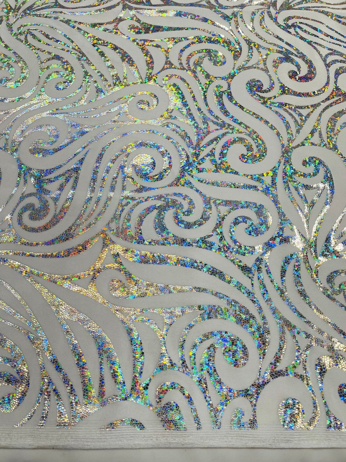 Holographic Foil Tribal Flame Design Stretch Velvet Fabric - Silver/White Tribal Flame Print, 58" Width (1 Yard)