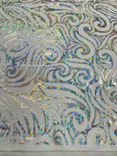 Holographic Foil Tribal Flame Design Stretch Velvet Fabric - Silver/White Tribal Flame Print, 58" Width (1 Yard)